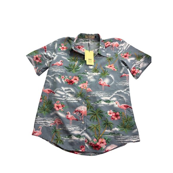 SSLR Womens Collection Flamingo Hibiscus Floral Print Hawaiian Shirt Size M New - Picture 1 of 4
